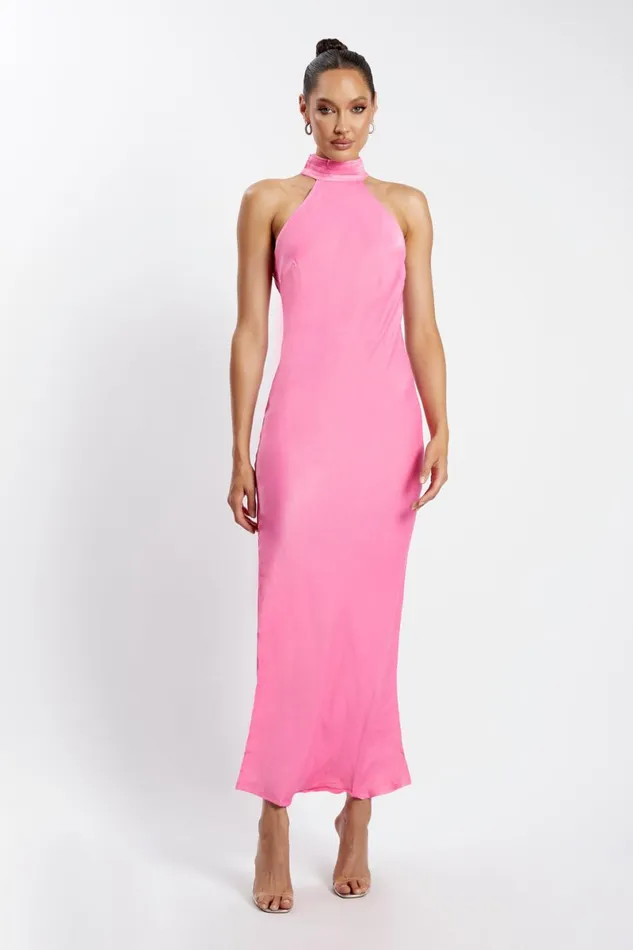 Meshki Maxi Dresses Claire Satin Drape Back Maxi Dress With Split 8211 Pink Pink 8211 Women