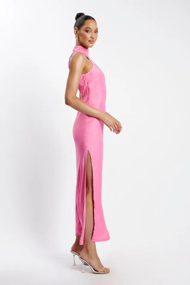 Meshki Maxi Dresses Claire Satin Drape Back Maxi Dress With Split 8211 Pink Pink 8211 Women