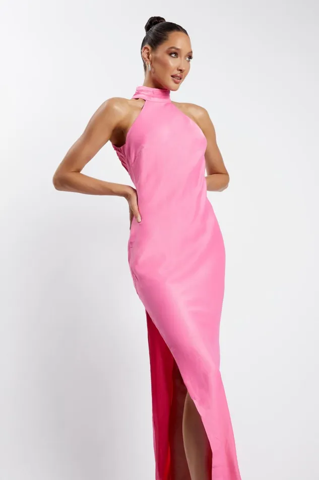 Meshki Maxi Dresses Claire Satin Drape Back Maxi Dress With Split 8211 Pink Pink 8211 Women