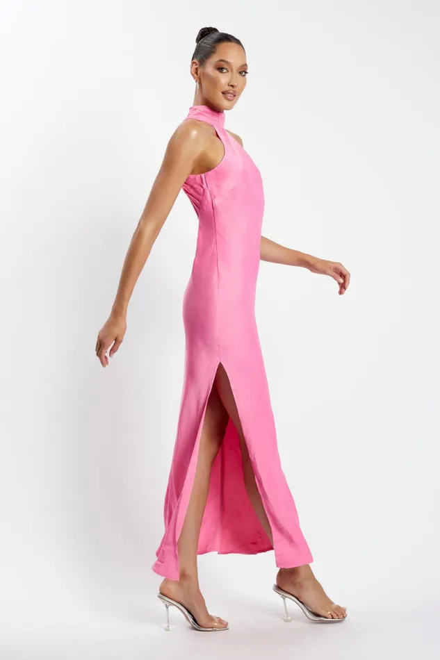 Meshki Maxi Dresses Claire Satin Drape Back Maxi Dress With Split 8211 Pink Pink 8211 Women