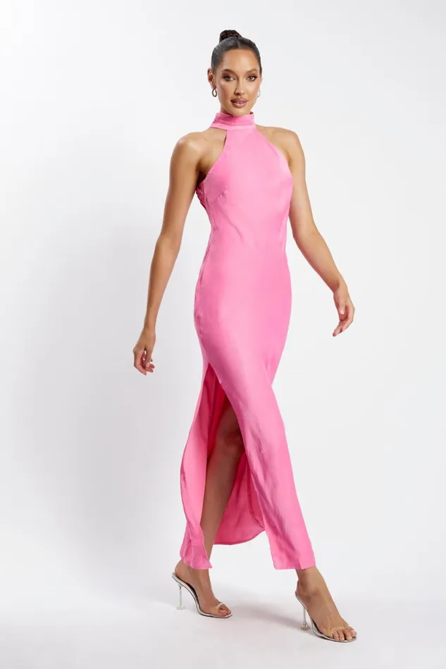 Meshki Maxi Dresses Claire Satin Drape Back Maxi Dress With Split 8211 Pink Pink 8211 Women