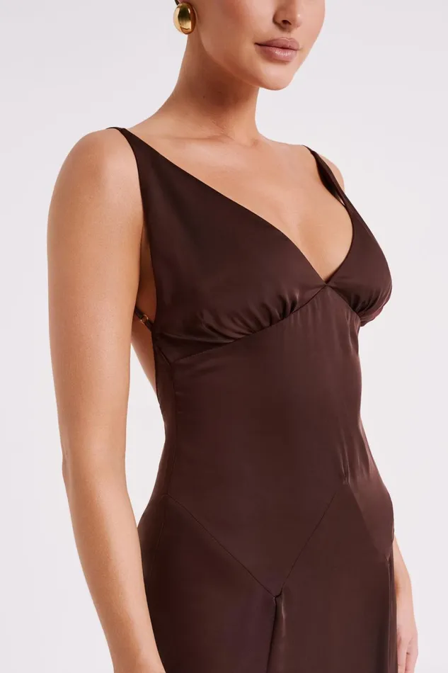 Meshki Maxi Dresses Kamala Low Back Satin Maxi Dress 8211 Dark Chocolate Darkchocolate 8211 Women