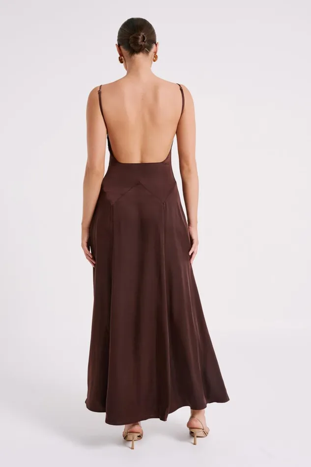 Meshki Maxi Dresses Kamala Low Back Satin Maxi Dress 8211 Dark Chocolate Darkchocolate 8211 Women
