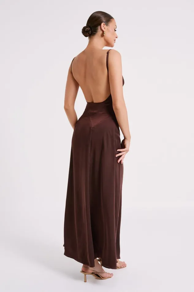 Meshki Maxi Dresses Kamala Low Back Satin Maxi Dress 8211 Dark Chocolate Darkchocolate 8211 Women