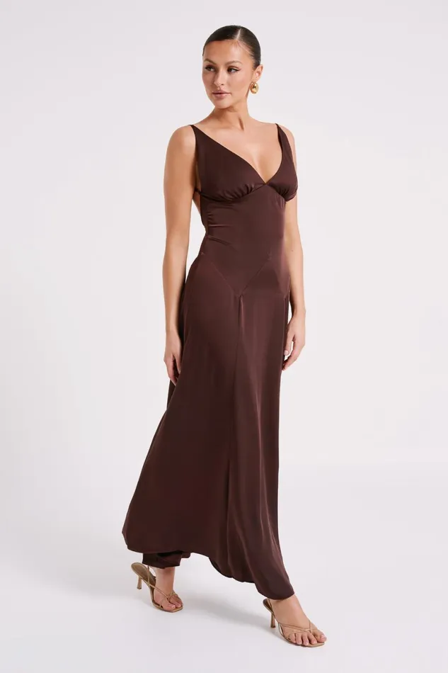 Meshki Maxi Dresses Kamala Low Back Satin Maxi Dress 8211 Dark Chocolate Darkchocolate 8211 Women