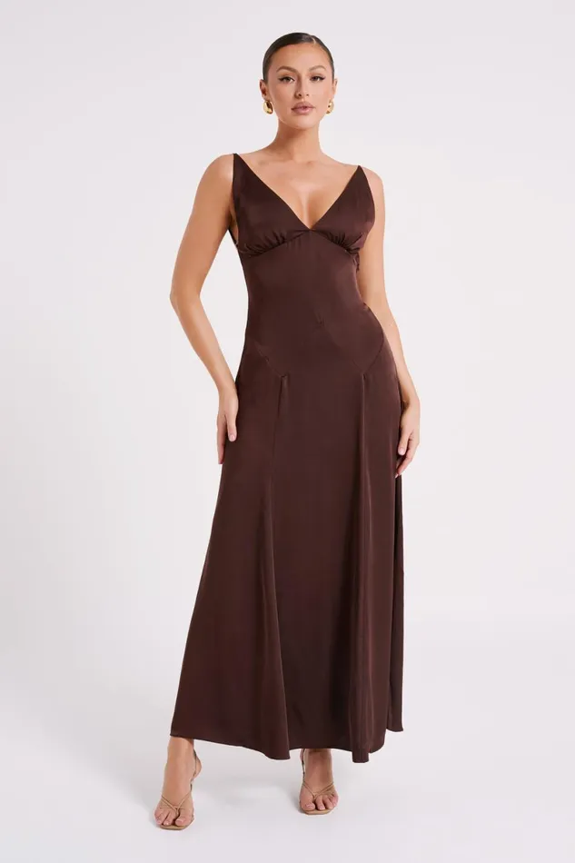 Meshki Maxi Dresses Kamala Low Back Satin Maxi Dress 8211 Dark Chocolate Darkchocolate 8211 Women