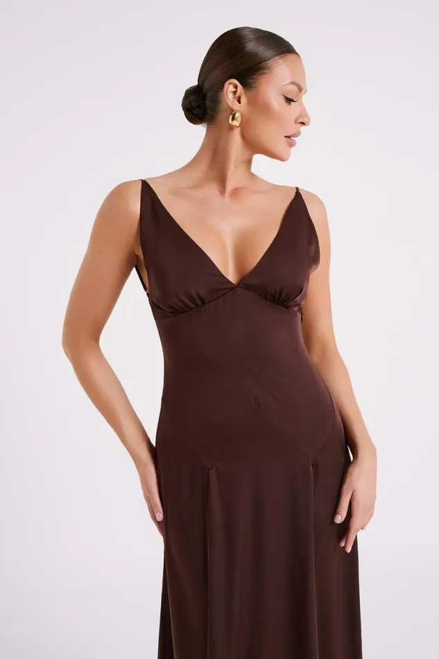 Meshki Maxi Dresses Kamala Low Back Satin Maxi Dress 8211 Dark Chocolate Darkchocolate 8211 Women
