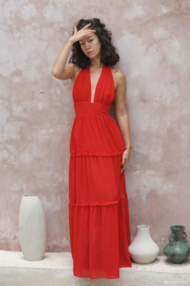 Meshki Maxi Dresses Marianna Tiered Halter Maxi Dress 8211 Vermilion Red Vermilionred 8211 Women