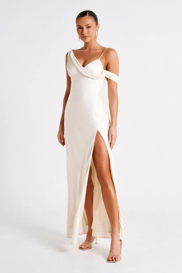 Meshki Maxi Dresses Soleil Satin Off Shoulder Maxi Dress 8211 Ivory Ivory 8211 Women