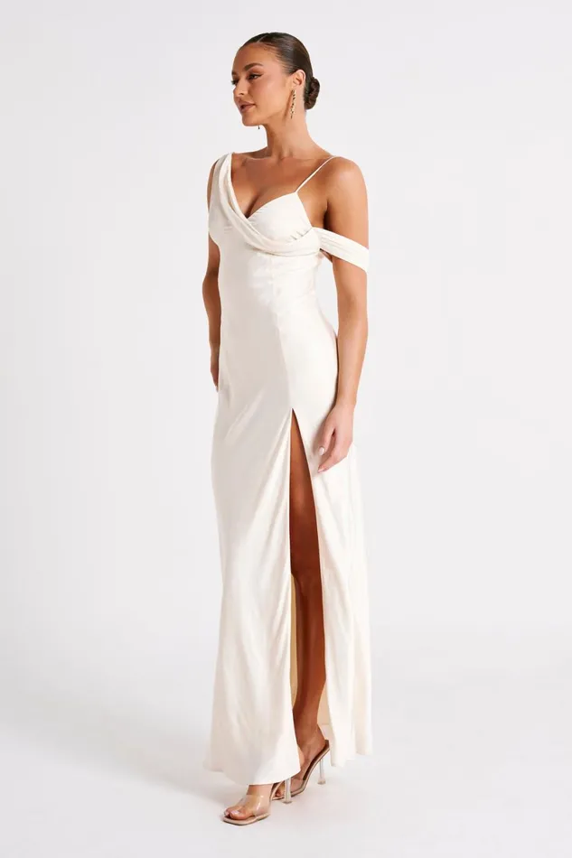 Meshki Maxi Dresses Soleil Satin Off Shoulder Maxi Dress 8211 Ivory Ivory 8211 Women