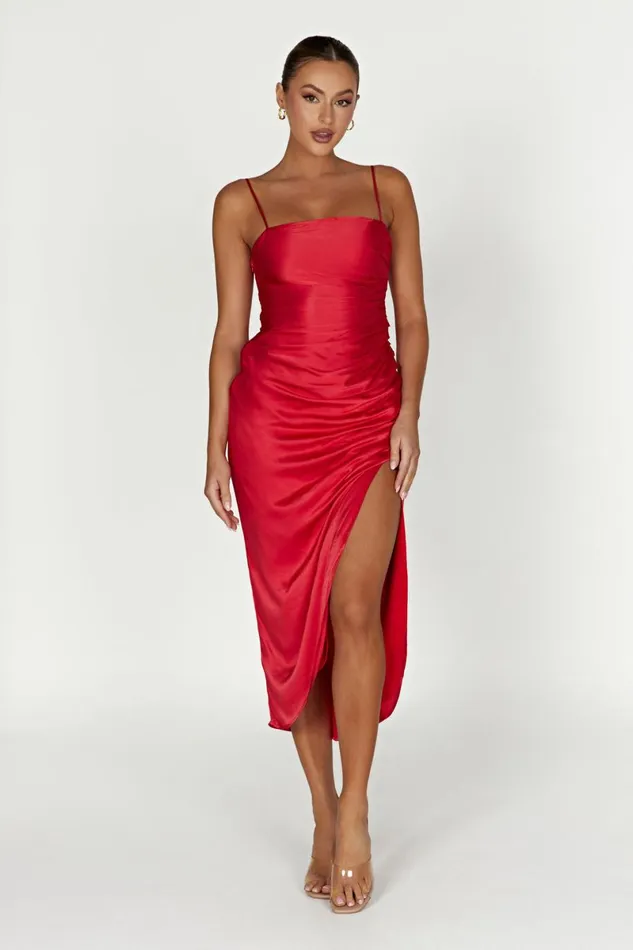 Meshki Midi Dresses Claudette Satin Drape Midi Dress 8211 Red Red 8211 Women Meshki Midi Dresses Claudette Satin Drape Midi Dress 8211 Red Red 8211 Women