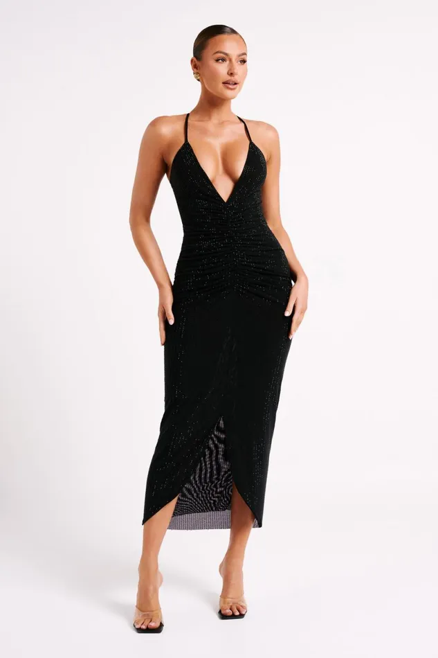 Meshki Midi Dresses Emeraude Diamante Ruched Midi Dress 8211 Black Black 8211 Women