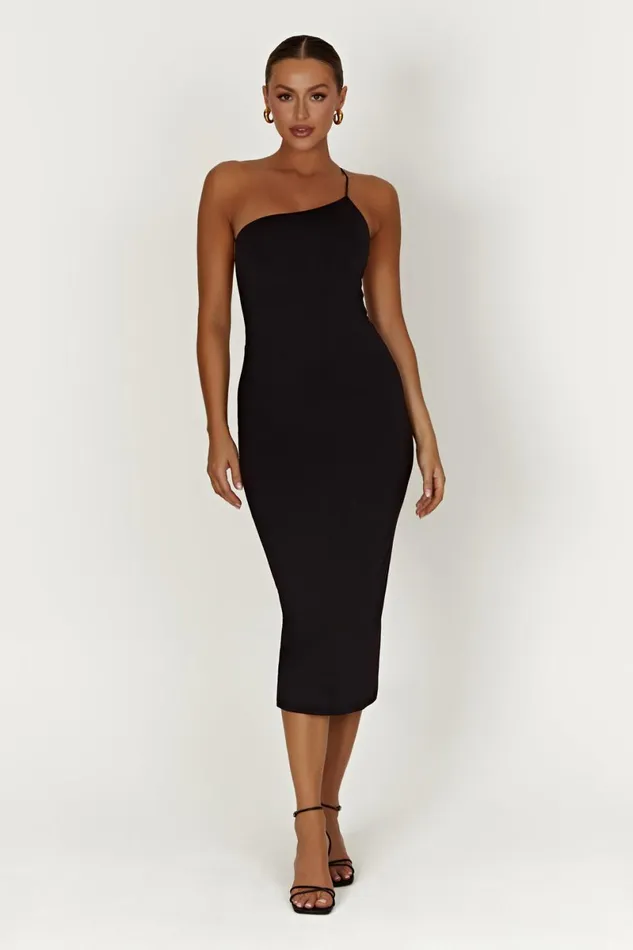 Meshki Midi Dresses Rosalind Recycled Nylon One Shoulder Midi Dress 8211 Black Black 8211 Women
