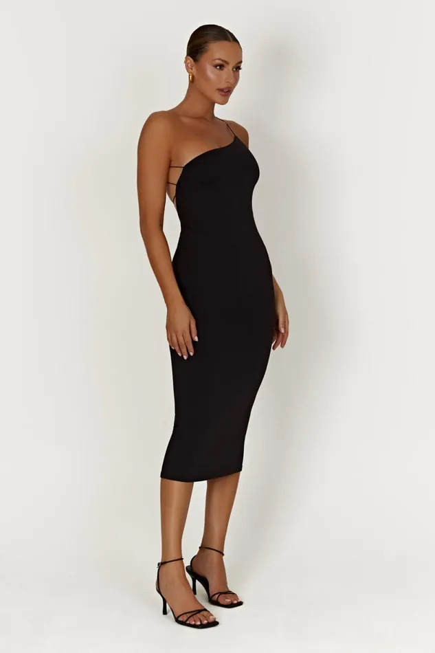 Meshki Midi Dresses Rosalind Recycled Nylon One Shoulder Midi Dress 8211 Black Black 8211 Women