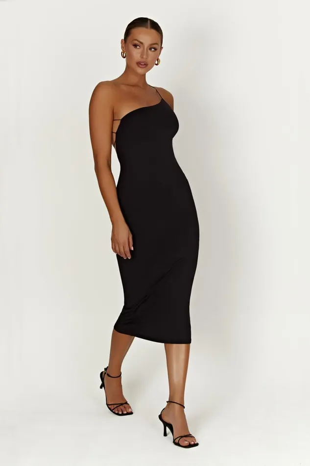 Meshki Midi Dresses Rosalind Recycled Nylon One Shoulder Midi Dress 8211 Black Black 8211 Women