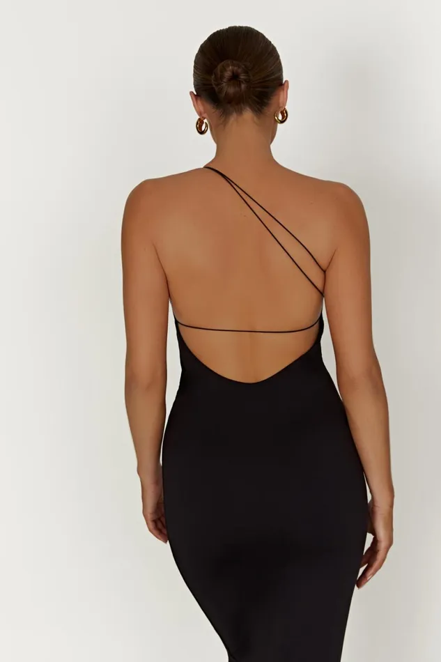 Meshki Midi Dresses Rosalind Recycled Nylon One Shoulder Midi Dress 8211 Black Black 8211 Women