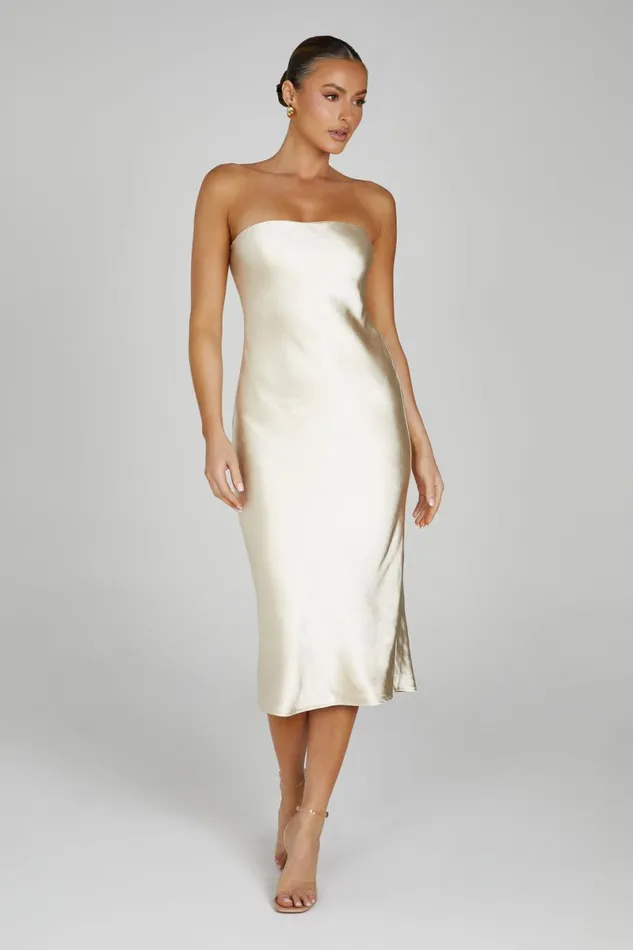 Meshki Midi Dresses Tyler Strapless Satin Midi Dress 8211 Gold Gold 8211 Women