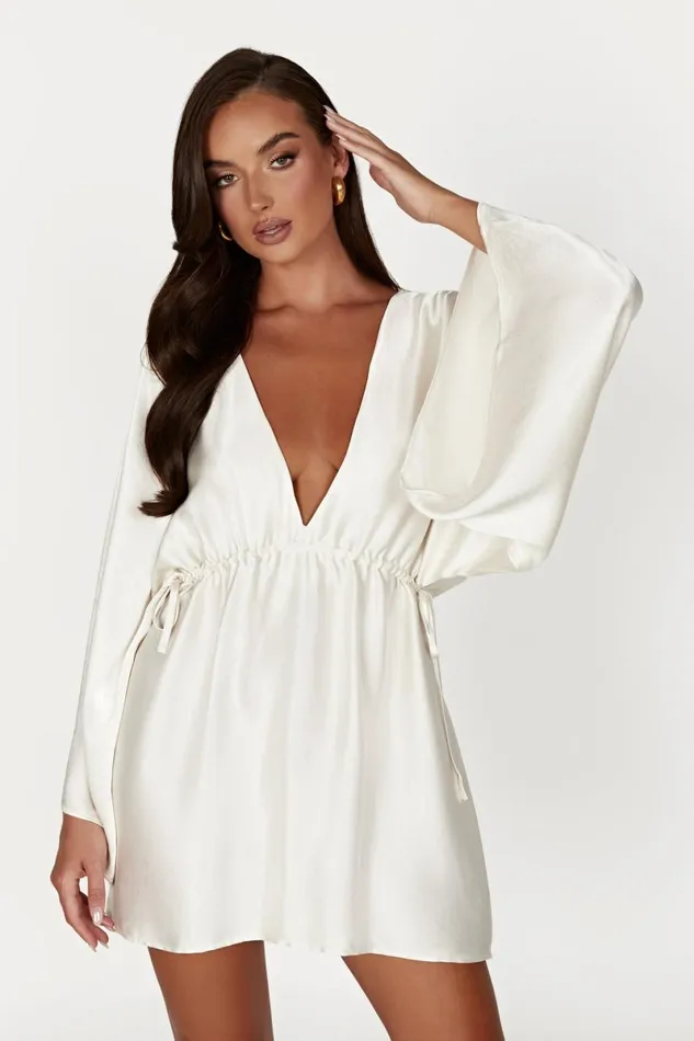 Meshki Mini Dresses Esmerlda Pleated Kimono Mini Dress 8211 Ivory Ivory 8211 Women