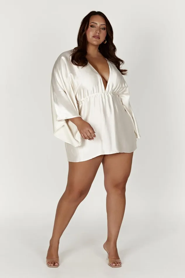 Meshki Mini Dresses Esmerlda Pleated Kimono Mini Dress 8211 Ivory Ivory 8211 Women