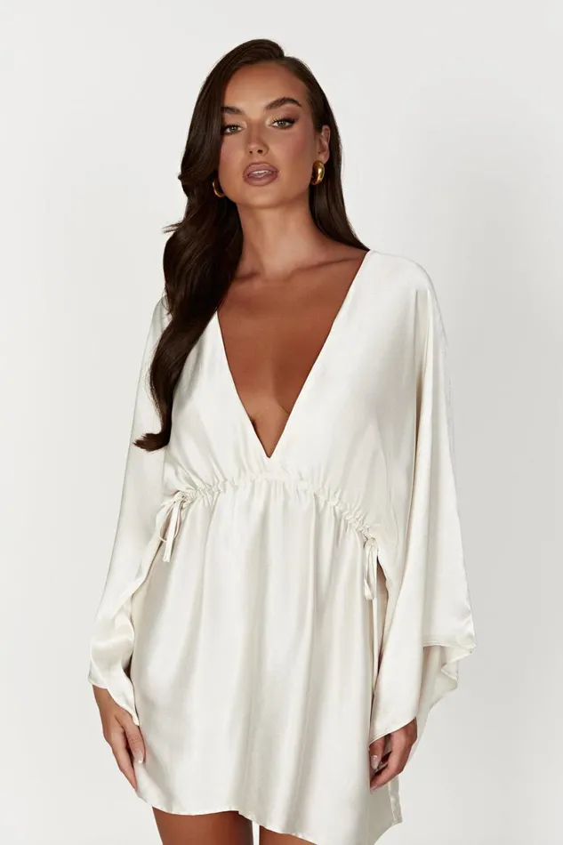 Meshki Mini Dresses Esmerlda Pleated Kimono Mini Dress 8211 Ivory Ivory 8211 Women