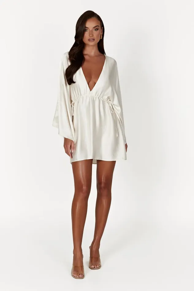 Meshki Mini Dresses Esmerlda Pleated Kimono Mini Dress 8211 Ivory Ivory 8211 Women