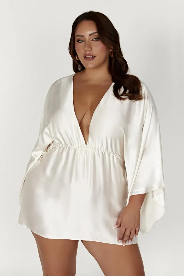 Meshki Mini Dresses Esmerlda Pleated Kimono Mini Dress 8211 Ivory Ivory 8211 Women