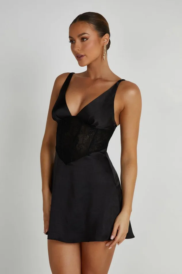 Meshki Mini Dresses Kerrie Mini Halter Satin And Lace Dress 8211 Black Black 8211 Women