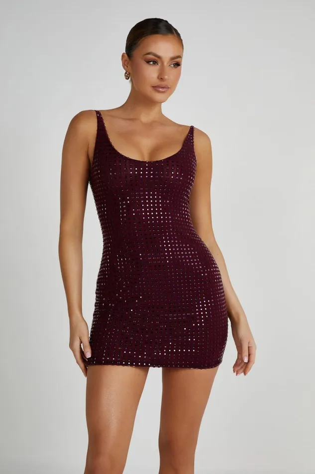 Meshki Mini Dresses Presley Square Diamante Mini Dress 8211 Berry Berry 8211 Women
