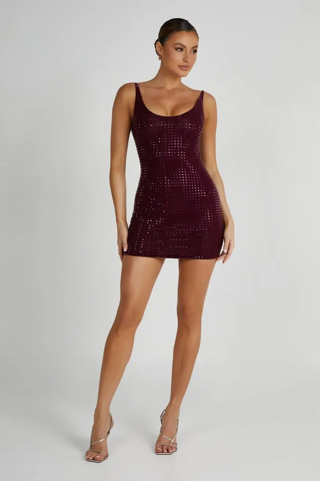 Meshki Mini Dresses Presley Square Diamante Mini Dress 8211 Berry Berry 8211 Women