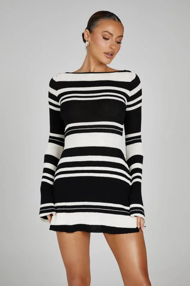 Meshki Mini Dresses Zahra Long Sleeve Open Back Mini Knit Dress 8211 BlackWhite Blackwhite 8211 Women