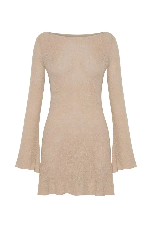 Meshki Mini Dresses Zahra Long Sleeve Open Back Mini Knit Dress 8211 Wheat Wheat 8211 Women
