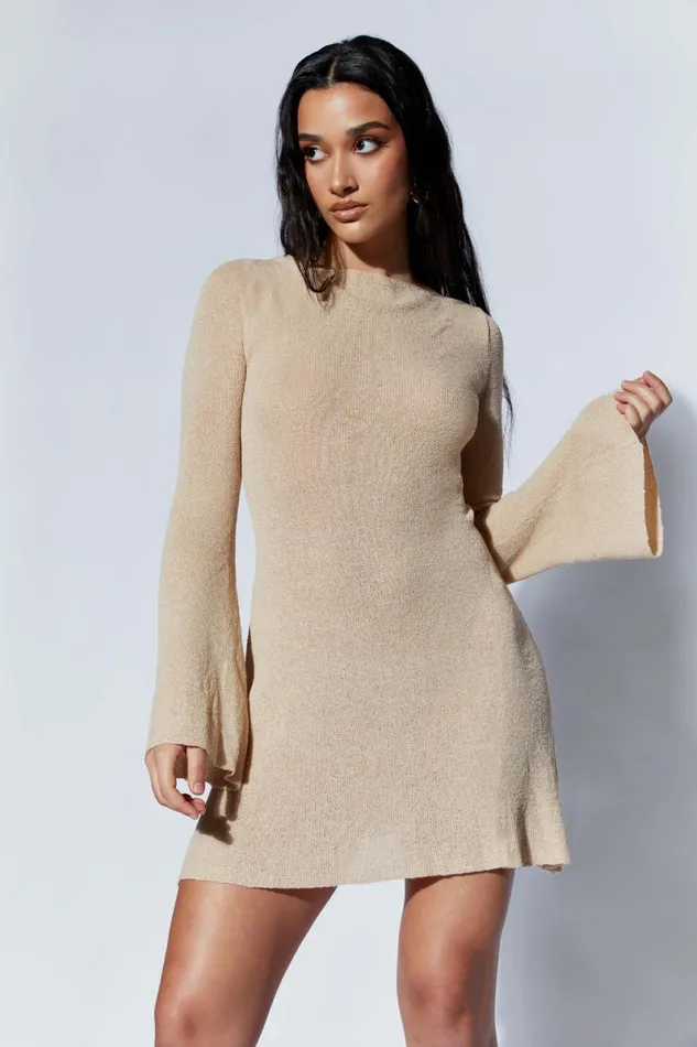 Meshki Mini Dresses Zahra Long Sleeve Open Back Mini Knit Dress 8211 Wheat Wheat 8211 Women