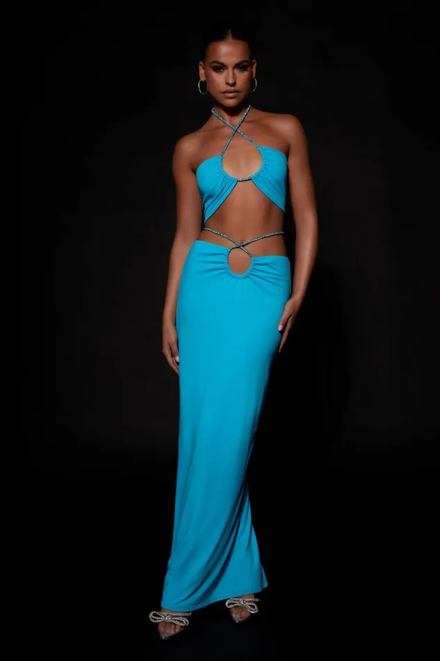 Meshki Skirts Ruby Diamante Rope Ruched Maxi Skirt 8211 Cyan Blue Cyanblue 8211 Women
