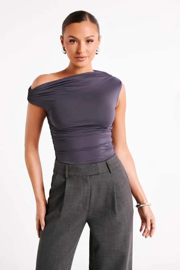 Meshki Sleeveless Tops Alayna Recycled Nylon Ruched Top 8211 Charcoal Charcoal 8211 Women Meshki Sleeveless Tops Alayna Recycled Nylon Ruched Top 8211 Charcoal Charcoal 8211 Women