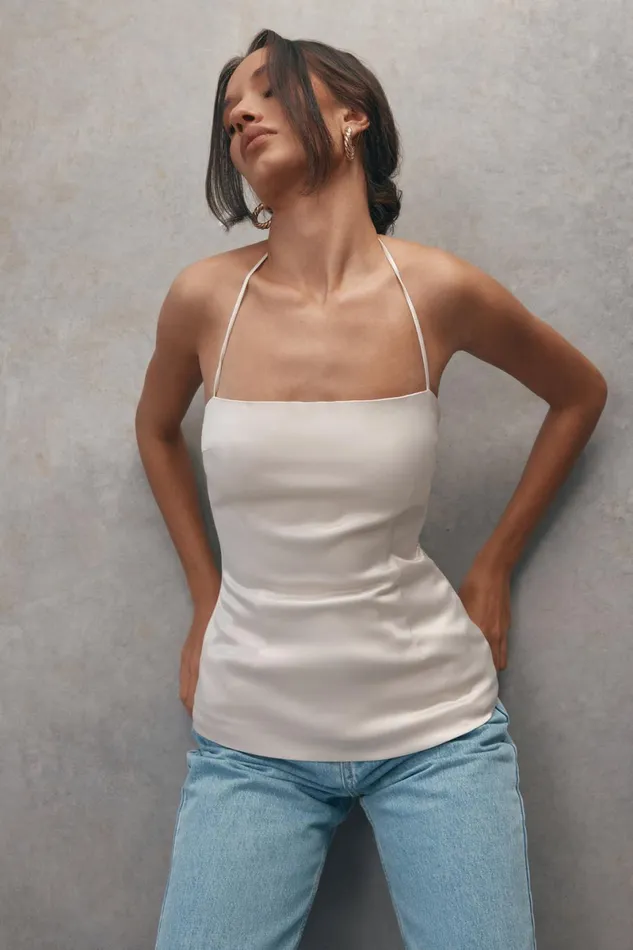 Meshki Sleeveless Tops Noemi Longline Satin Halter Neck Top 8211 Ivory Ivory 8211 Women