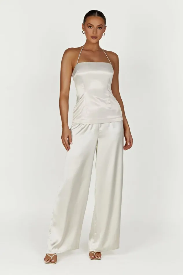Meshki Sleeveless Tops Noemi Longline Satin Halter Neck Top 8211 Ivory Ivory 8211 Women