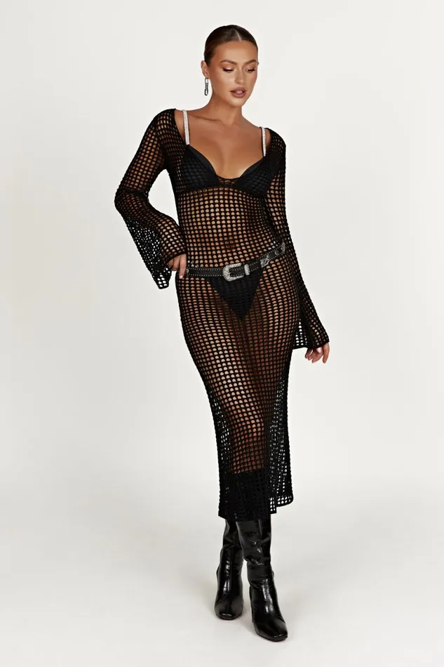 Meshki Summer Dresses Murphy Long Sleeve Crochet Maxi Dress 8211 Black Black 8211 Women