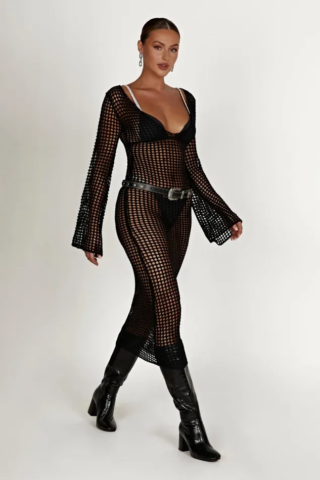 Meshki Summer Dresses Murphy Long Sleeve Crochet Maxi Dress 8211 Black Black 8211 Women