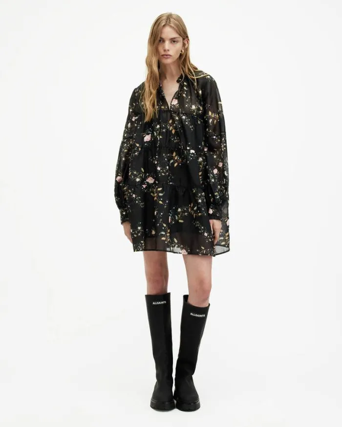 Mindy Oversized Oto Floral Mini Dress Black Women AllSaints Dresses