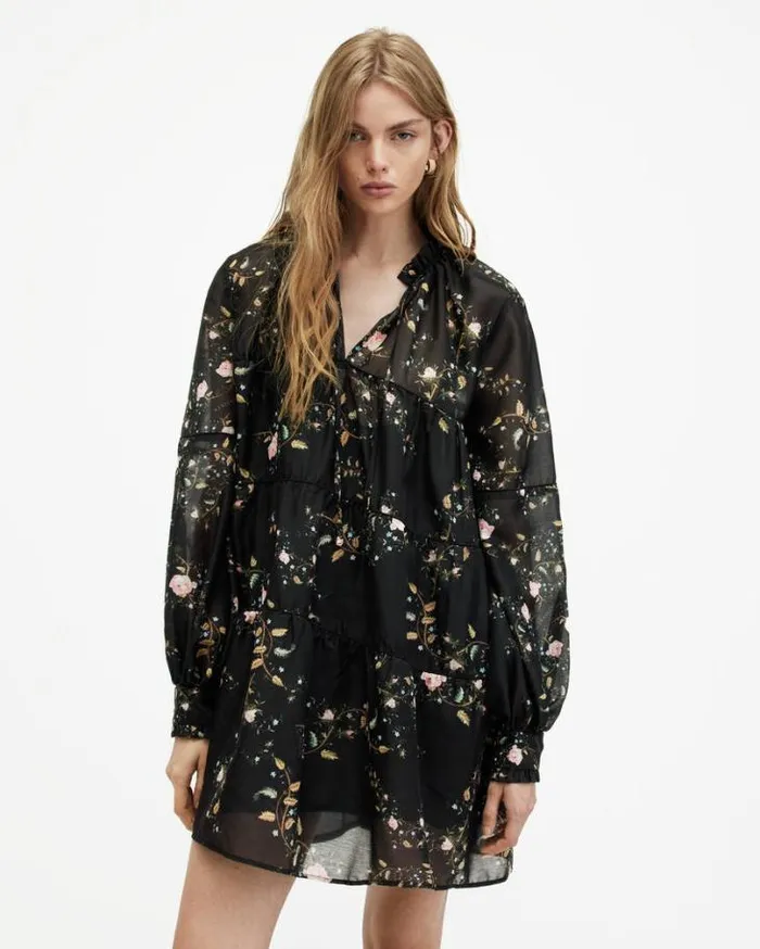 Mindy Oversized Oto Floral Mini Dress Black Women AllSaints Dresses