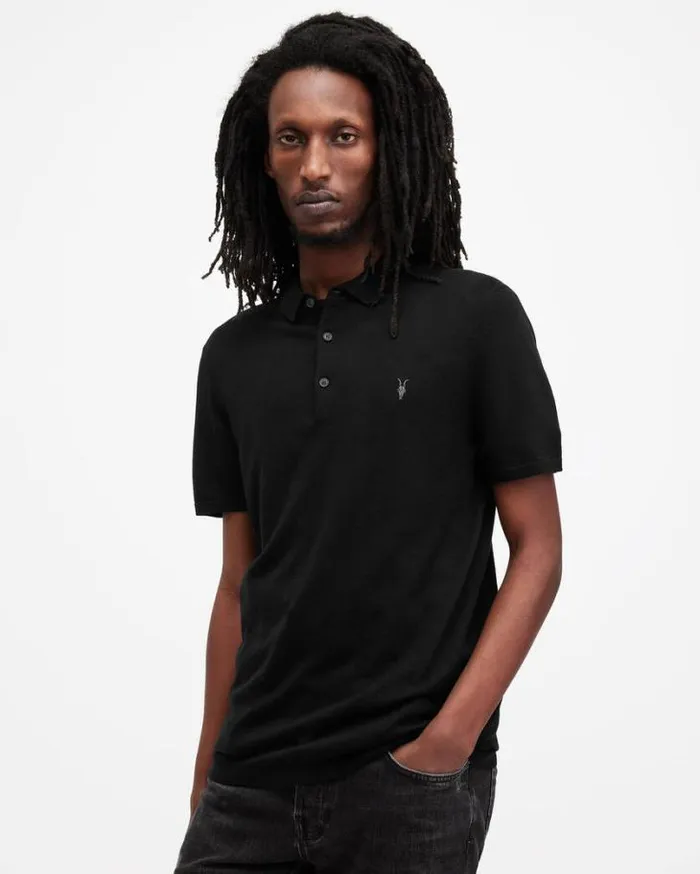 Mode Merino Short Sleeve Polo Shirt Black Men AllSaints Polos