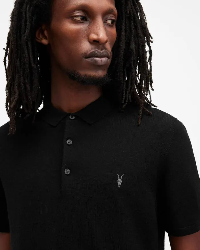 Mode Merino Short Sleeve Polo Shirt Black Men AllSaints Polos