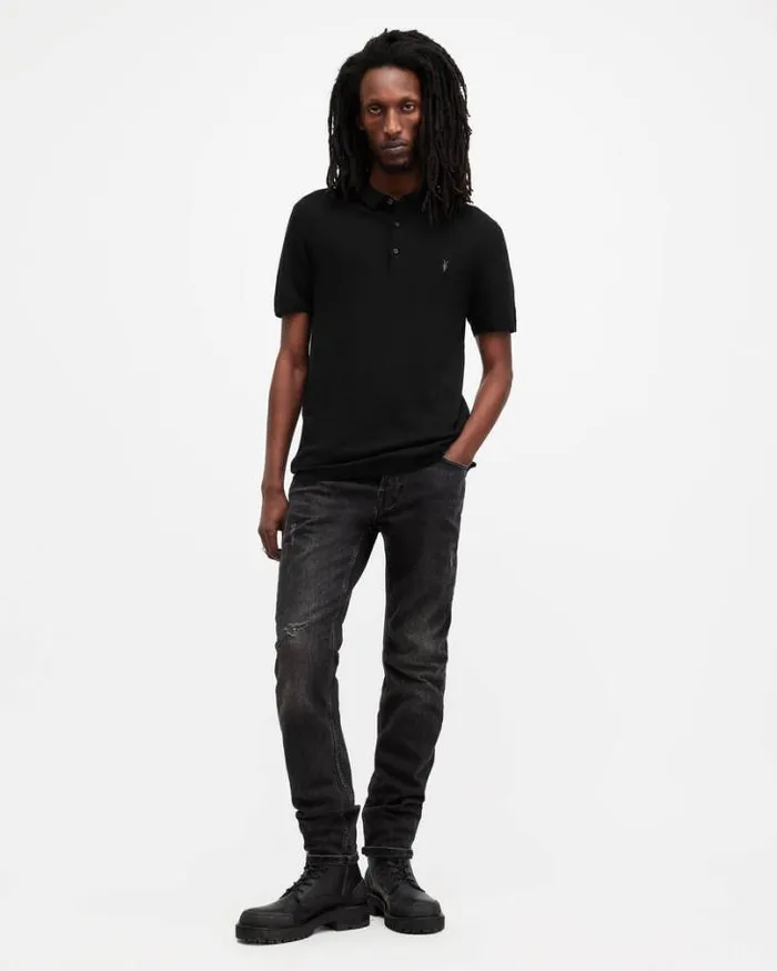 Mode Merino Short Sleeve Polo Shirt Black Men AllSaints Polos