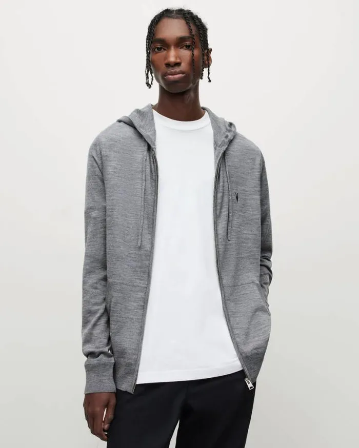 Mode Merino Zip Up Ramskull Hoodie Grey Marl Men AllSaints Sweaters