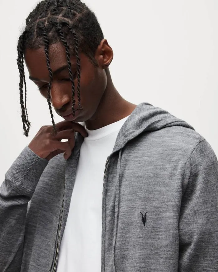 Mode Merino Zip Up Ramskull Hoodie Grey Marl Men AllSaints Sweaters
