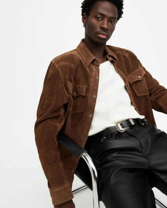 Montana Wax Finish Suede Shirt Hickory Brown Men AllSaints Shirts