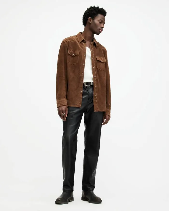 Montana Wax Finish Suede Shirt Hickory Brown Men AllSaints Shirts