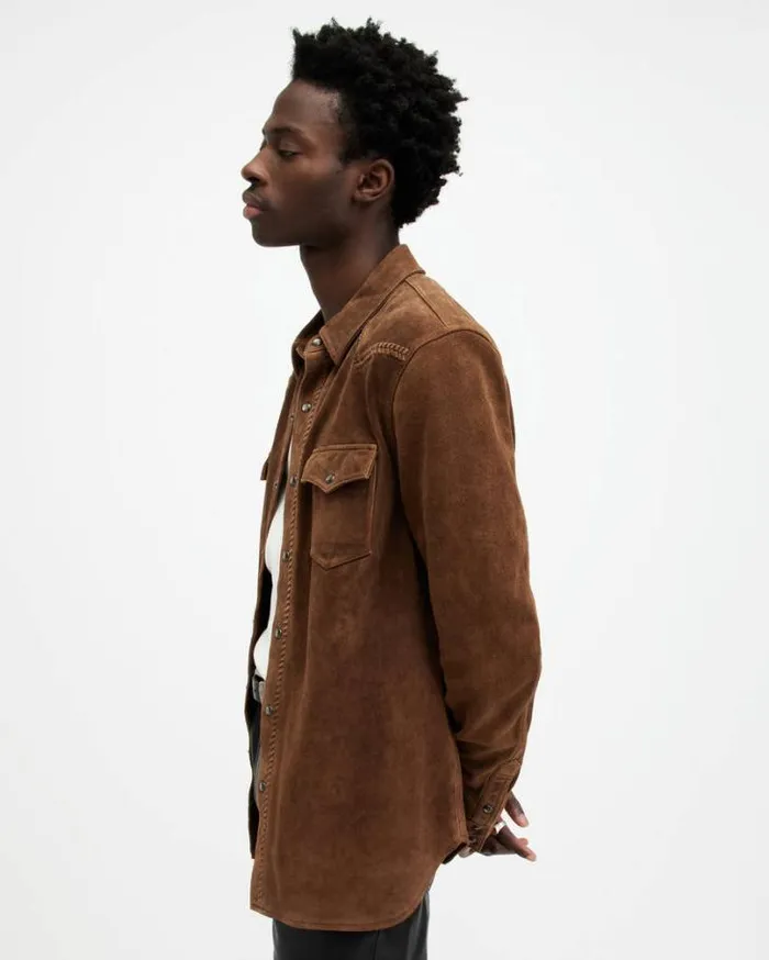 Montana Wax Finish Suede Shirt Hickory Brown Men AllSaints Shirts