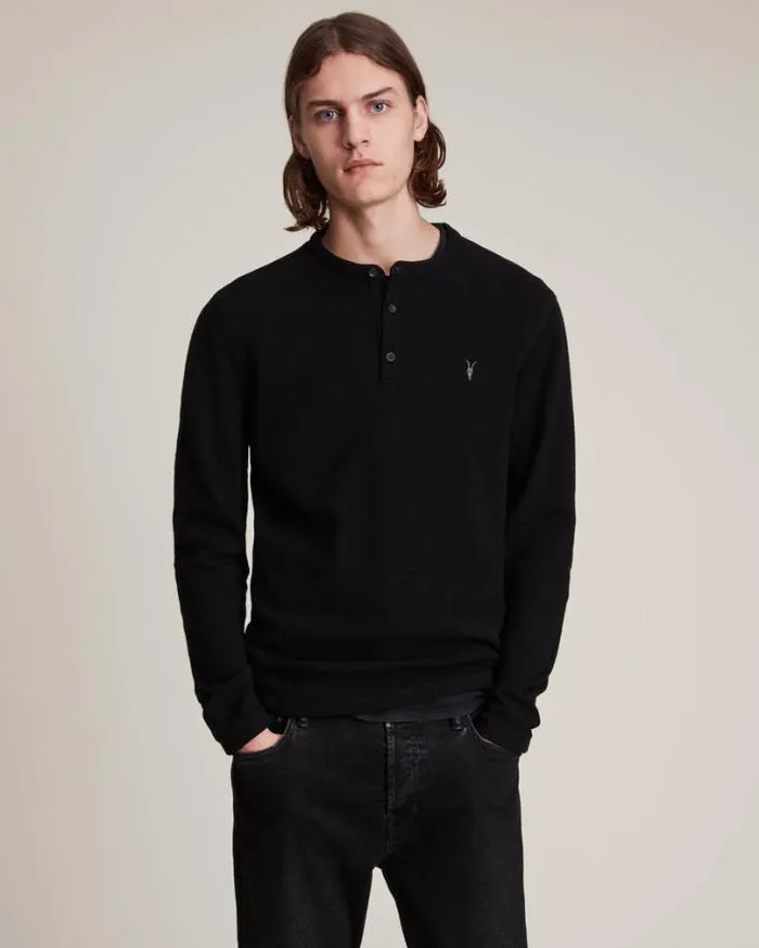 Muse Long Sleeve Henley Jet Black Men AllSaints TShirts