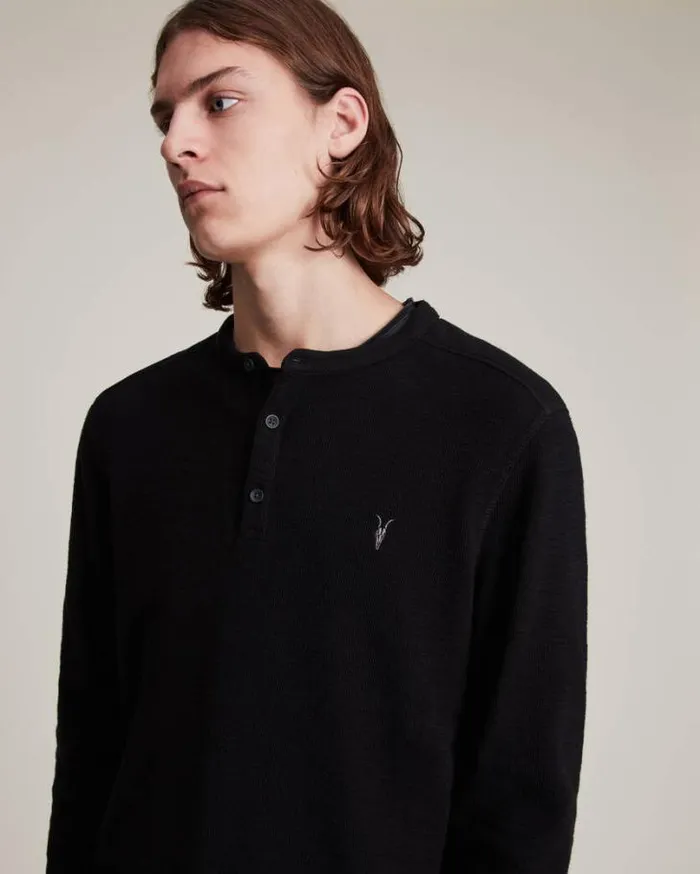 Muse Long Sleeve Henley Jet Black Men AllSaints TShirts